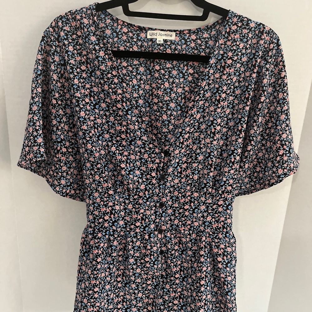 Wild Jasmine Blue Floral Button Down Tie Back Closure Size 3XL